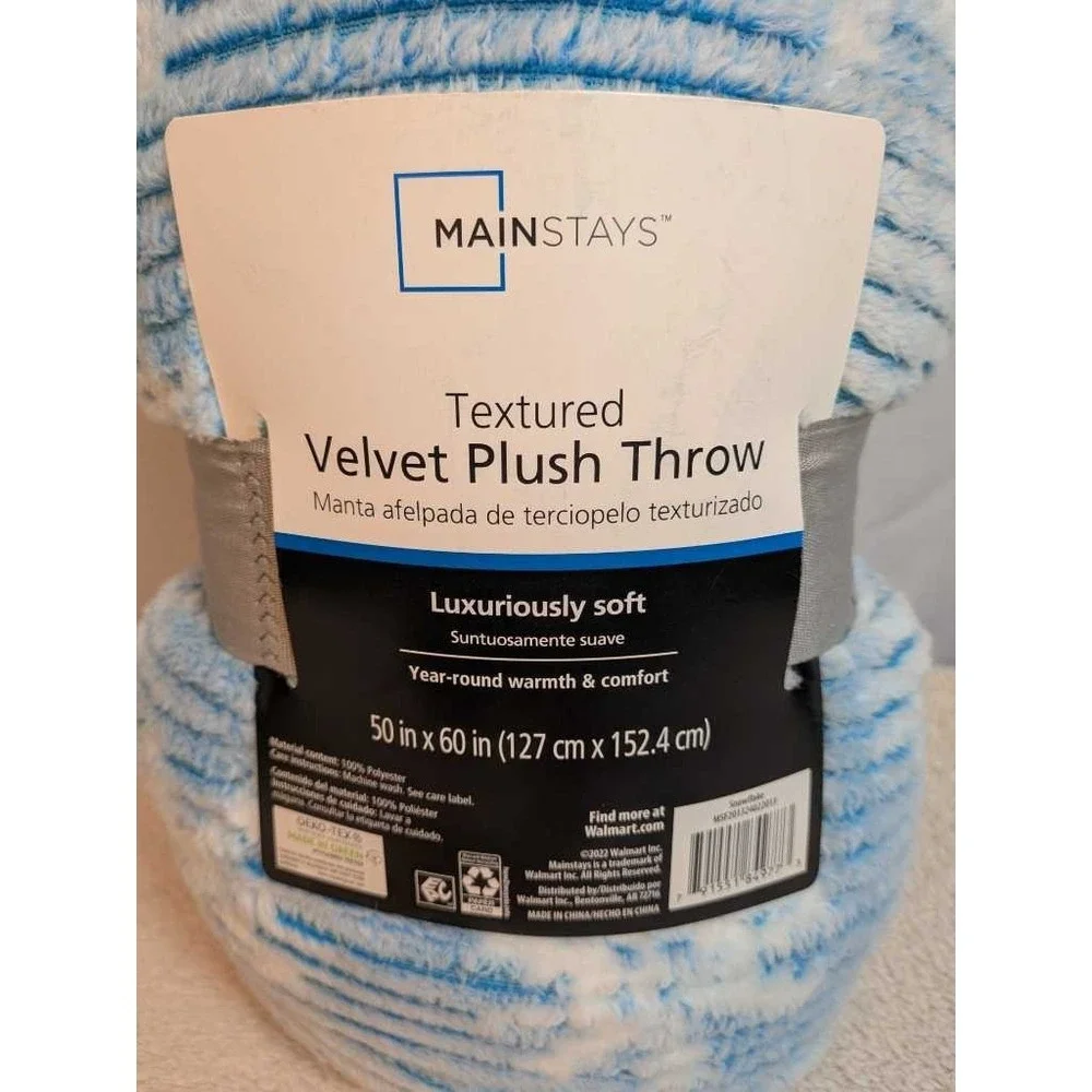 Mainstays Textured Velvet‎ Plush Throw 50 x 60 Inch Blue White New NWT